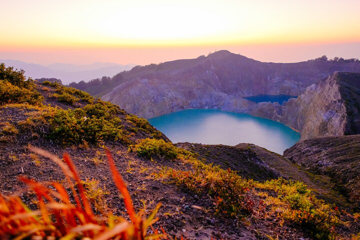 Kelimutu three-coloured volcanic crater lakes at sunrise, Flores Island